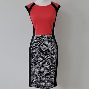 Women's Enfocus Studio Red Black Colorblock Sheath Midi Cap Sleeves Dress Size 6